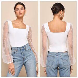 Lulus Deluxe Poise White Pearl Mesh Balloon Sleeve Top Women's Small Cropped NWT